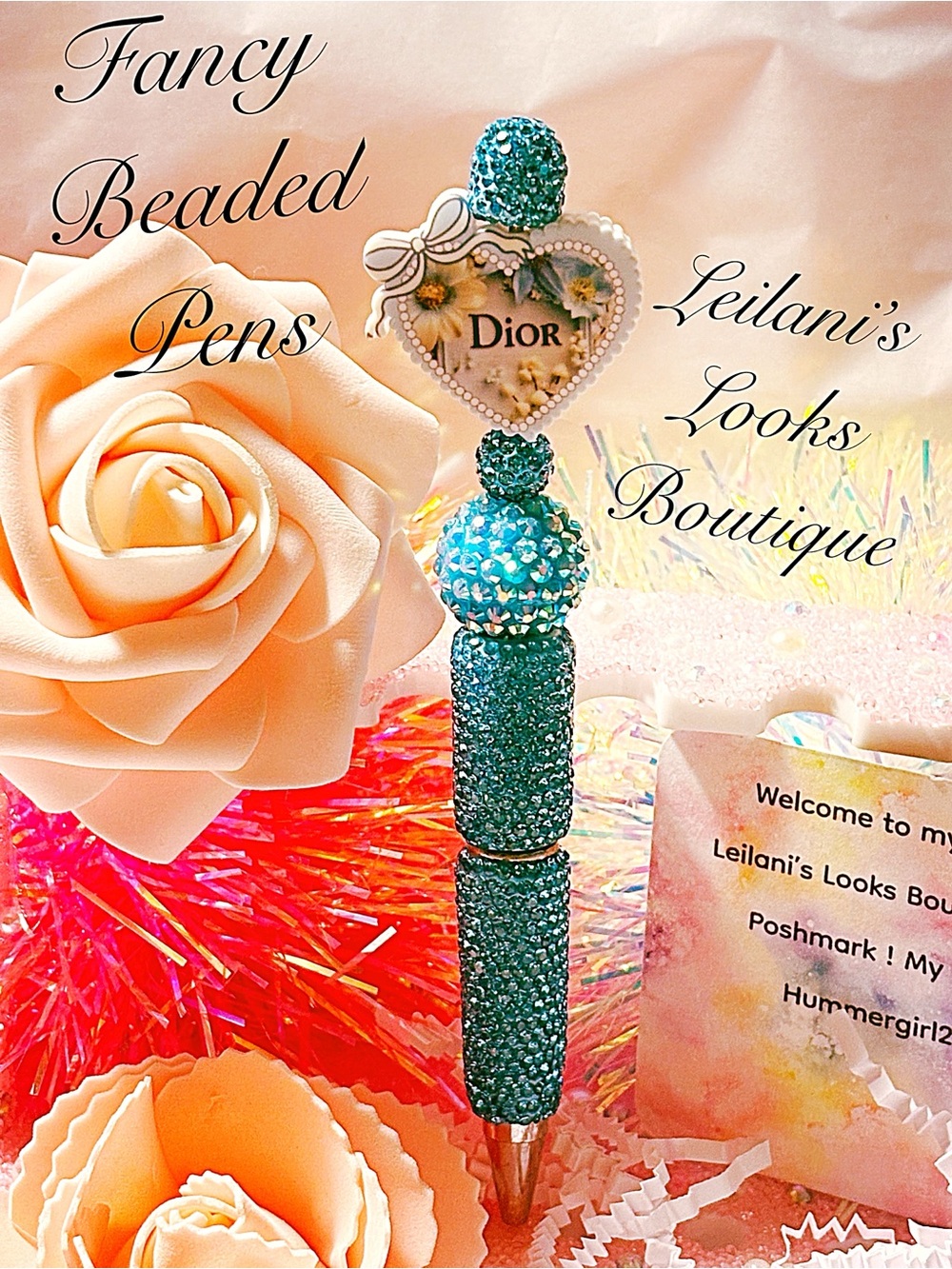 Fancy beaded Pen/gifts/turquoise heart/bow/girly